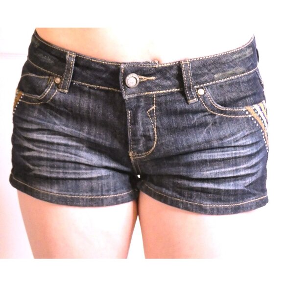 Hot Kiss Sz 5 Shorts Hot Pants Navy Blue Denim Jean Cici Distressed Pockets - Picture 1 of 11